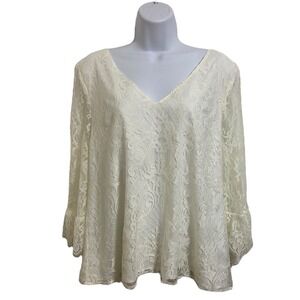 ModCloth Lace Bell Sleeve Blouse Ivory Cream Lined Semi-Sheer Elegant Top‎ Large